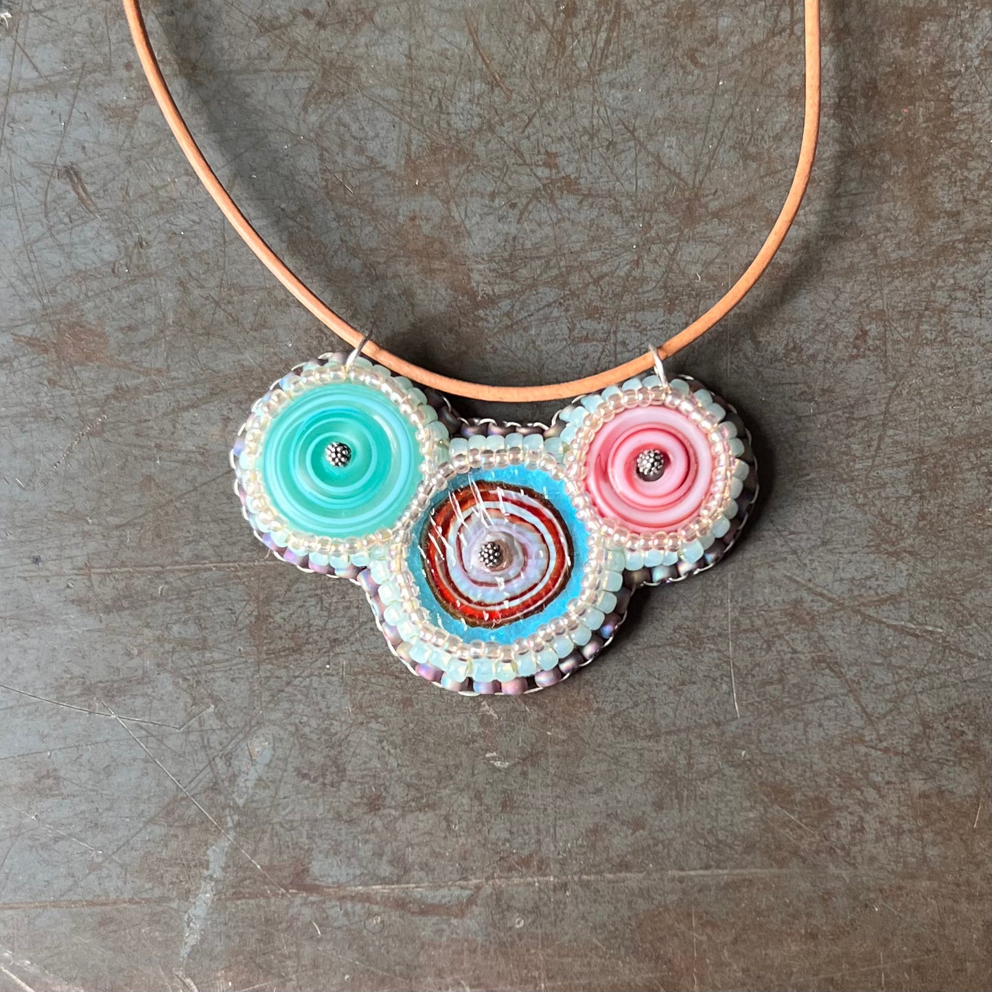 Bead Embroidered Trio - Red and Aqua