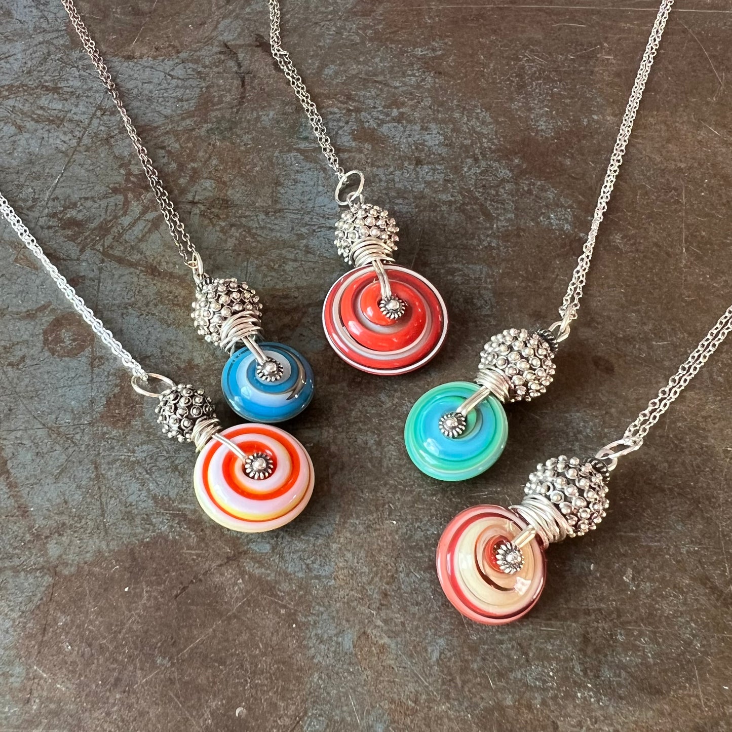Art Glass Spiral and Silver Pendant Necklace