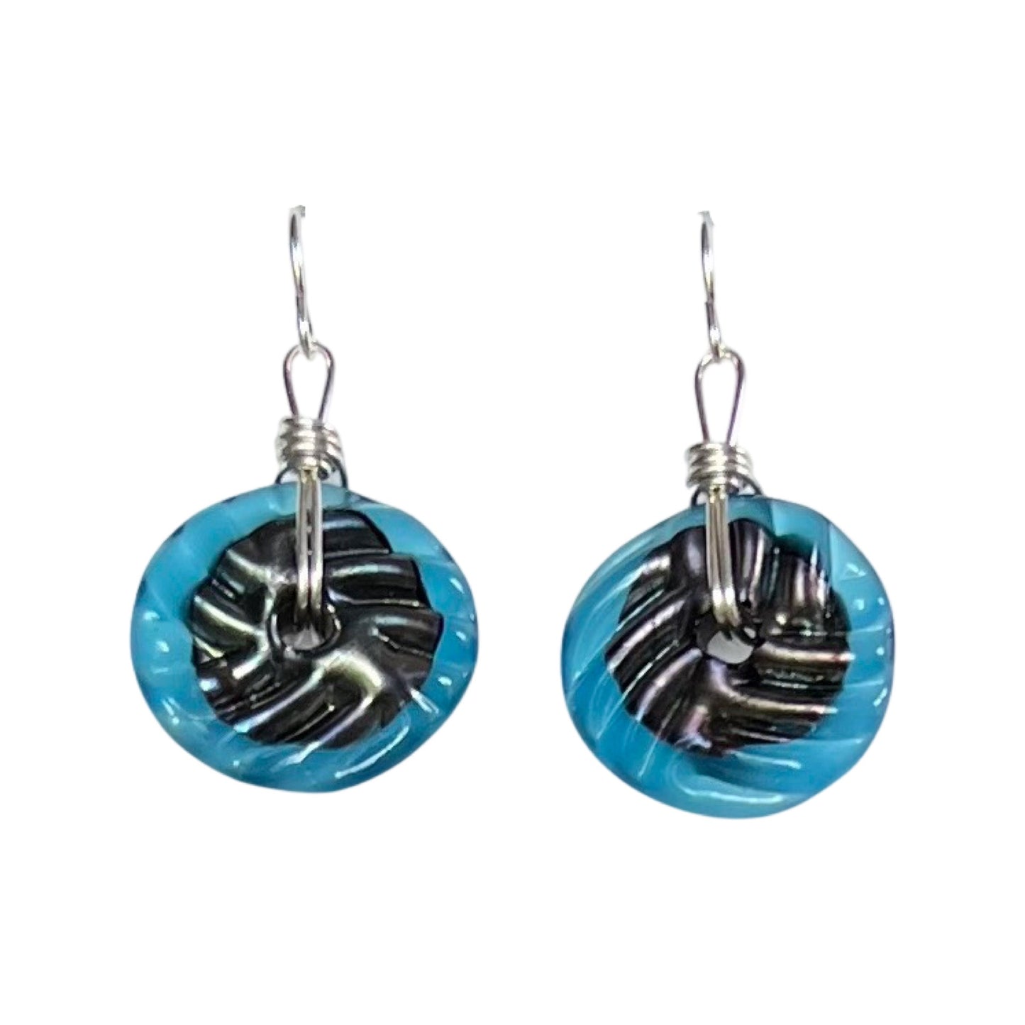 Art Glass Earrings - Puffy Discs Deep Aqua