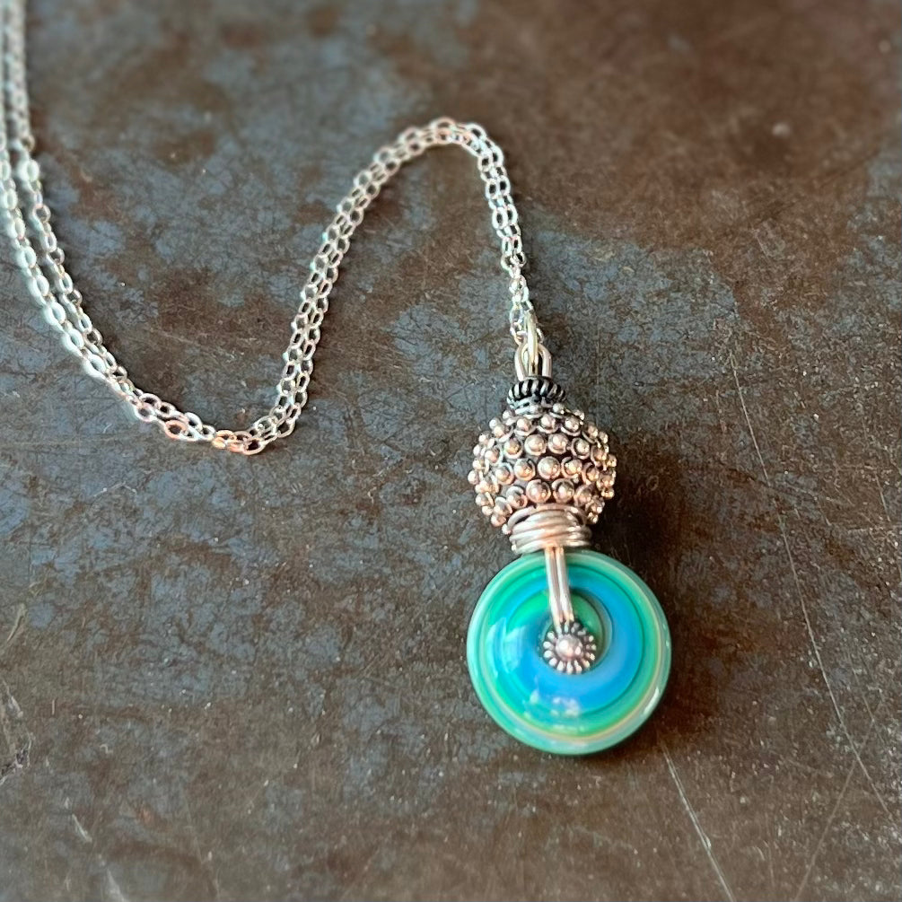 Art Glass Spiral and Silver Pendant Necklace