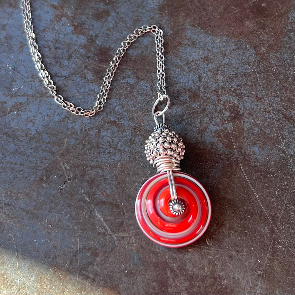 Art Glass Spiral and Silver Pendant Necklace
