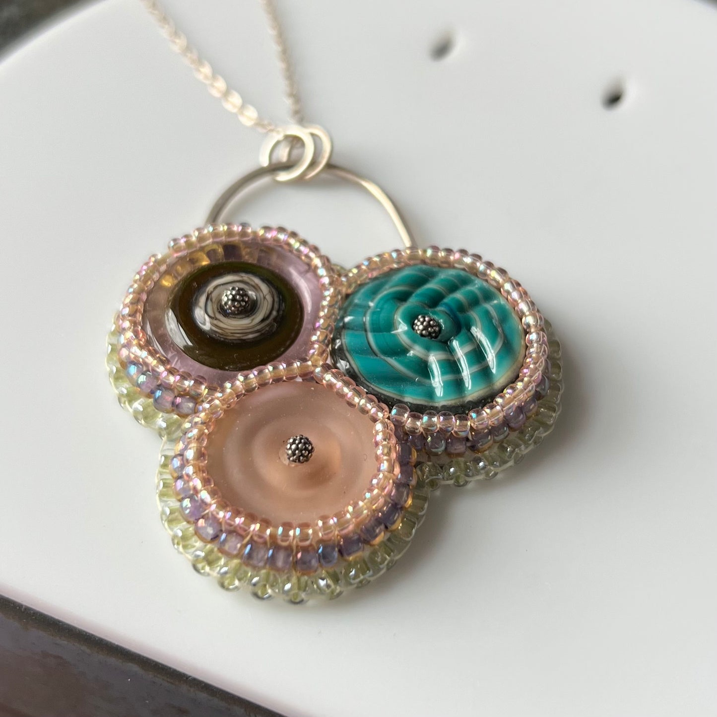 Bead Embroidered Solo - Teal and Peach Trio