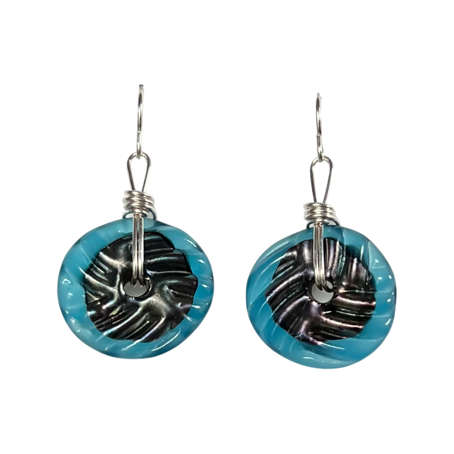 Art Glass Earrings - Puffy Discs Deep Aqua