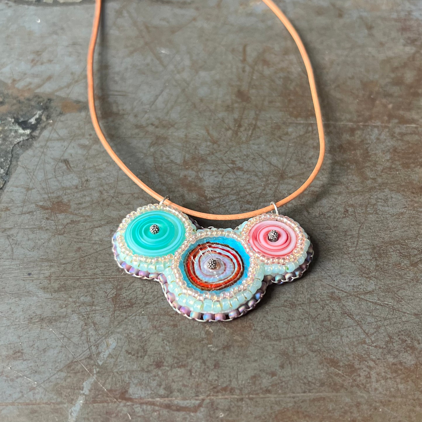 Bead Embroidered Trio - Red and Aqua