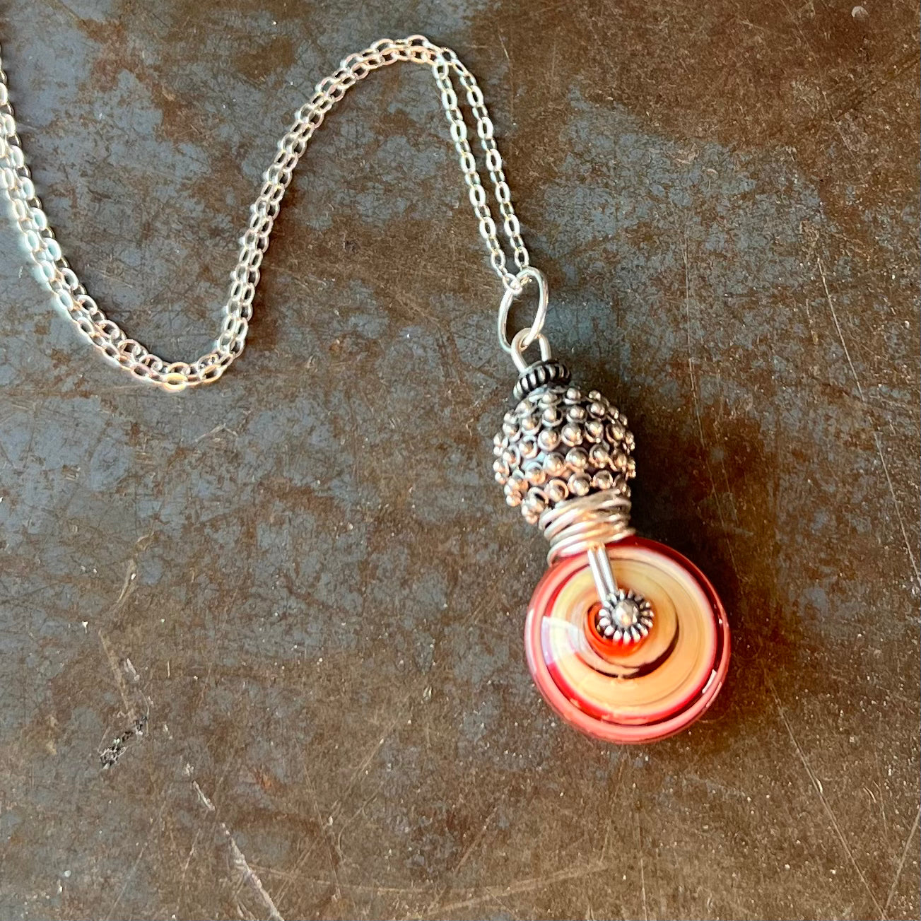 Art Glass Spiral and Silver Pendant Necklace