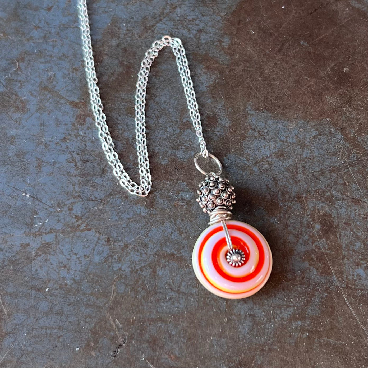 Art Glass Spiral and Silver Pendant Necklace