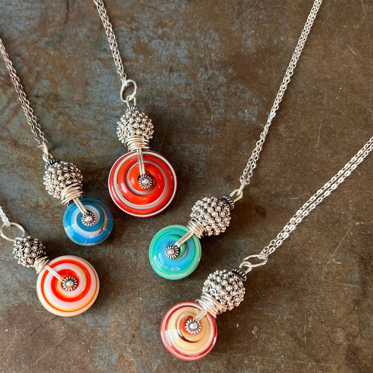 Art Glass Spiral and Silver Pendant Necklace