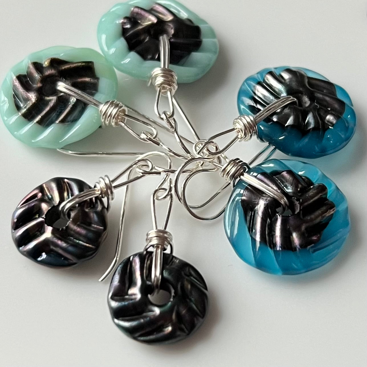 Art Glass Earrings - Puffy Discs Deep Aqua