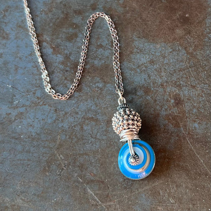 Art Glass Spiral and Silver Pendant Necklace
